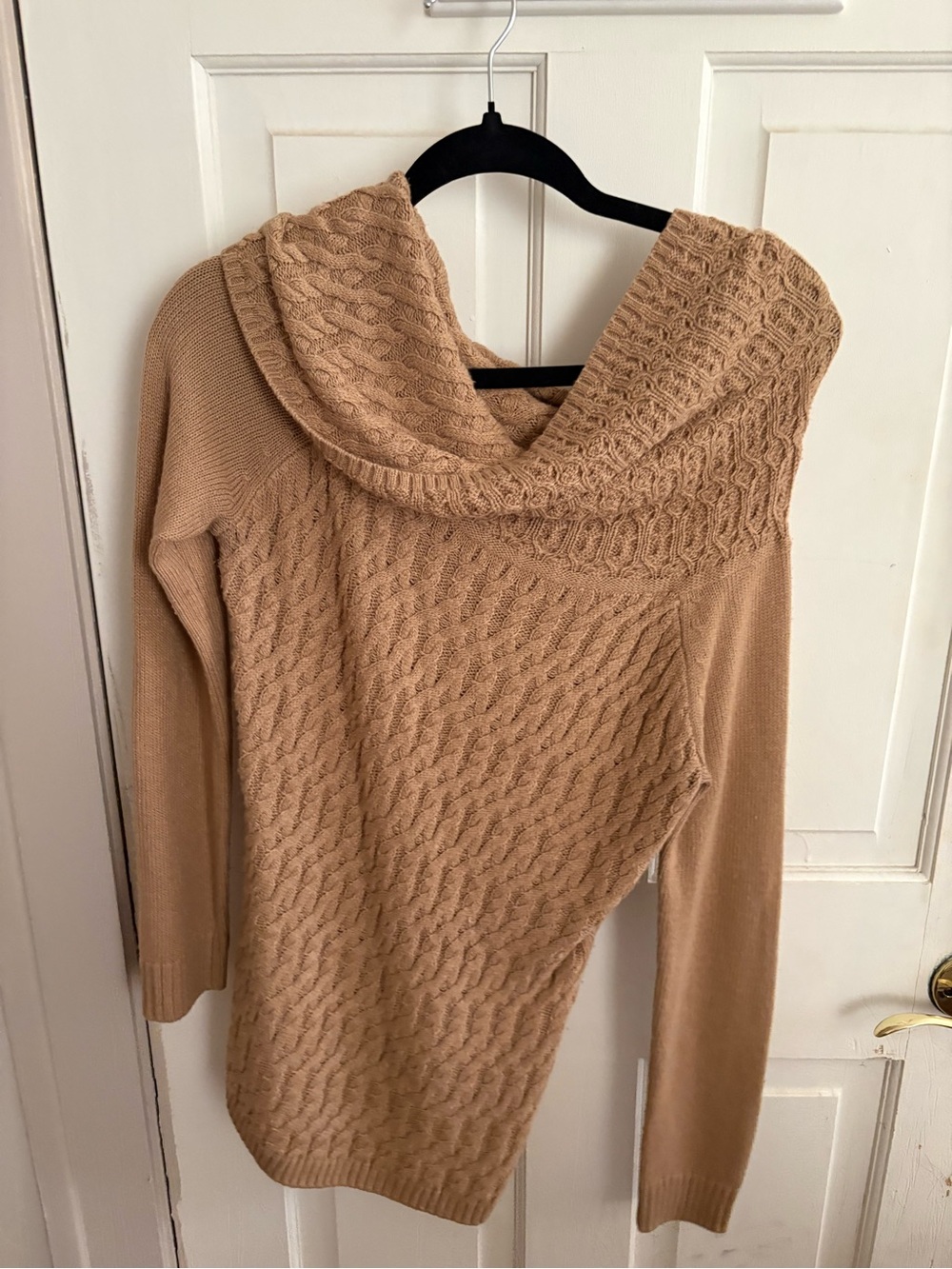 New York & Company Camel Cable Cowl Neck Sweater